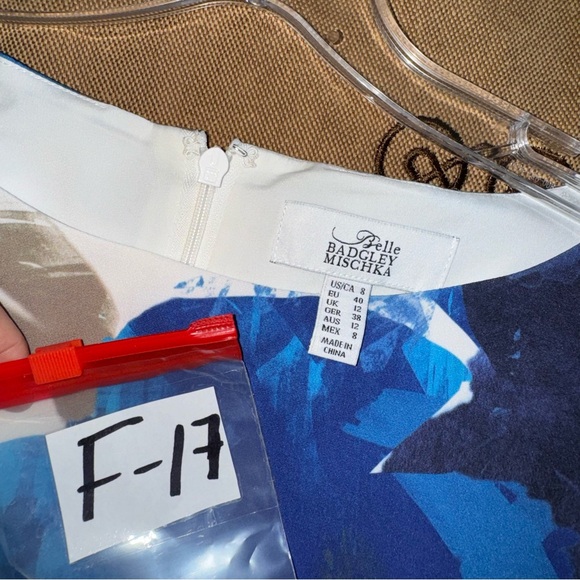 Belle Badgley Mischka Blue Abstract Print Bell Short Sleeve Knee Length Dress - Picture 8 of 16